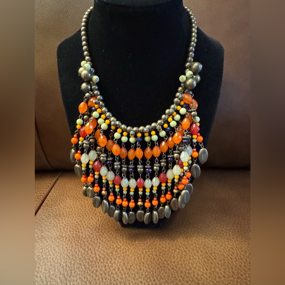 Multi-beaded fringe boho ethnic bib necklace